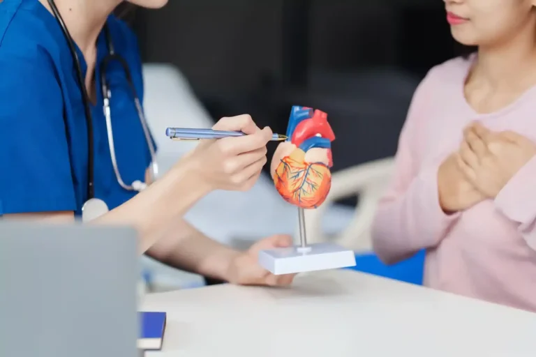 Médica avaliando modelo de coração sobre a mesa